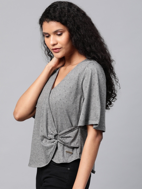 

Roadster Women Charcoal Grey Self Design Wrap Top