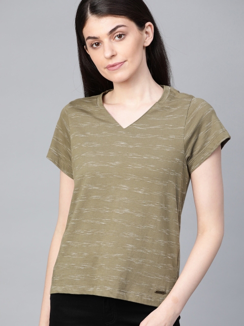 

The Roadster Lifestyle Co Women Olive Green & Off-White Striped V-Neck T-shirt