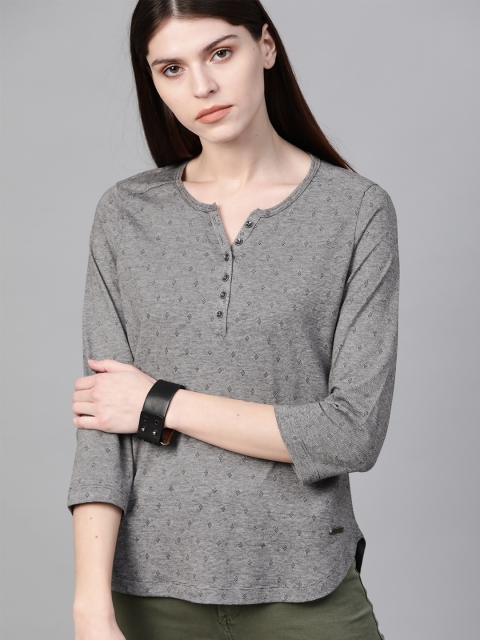 

The Roadster Lifestyle Co Women Black Self Design Henley Neck High-Low T-shirt