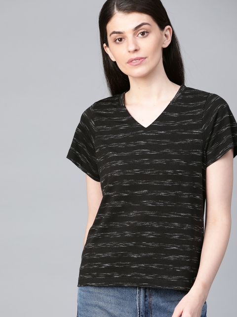 

Roadster Women Black & Off-White Striped V-Neck T-shirt