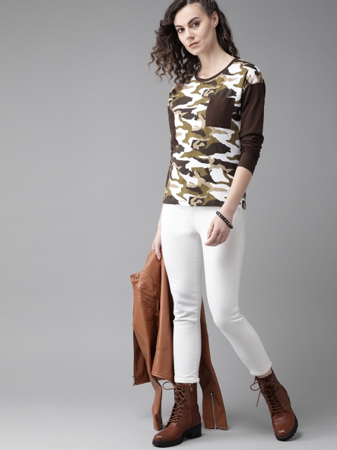 

Roadster Women White & Olive Green Camouflage Printed Round Neck T-shirt