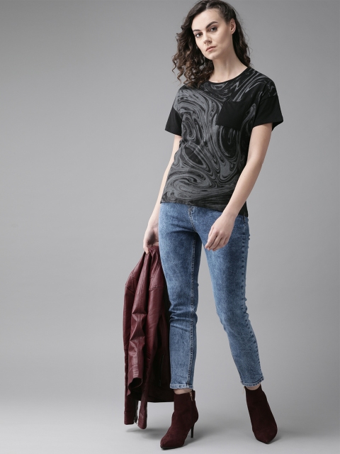 

Roadster Women Black & Grey Printed Round Neck T-shirt