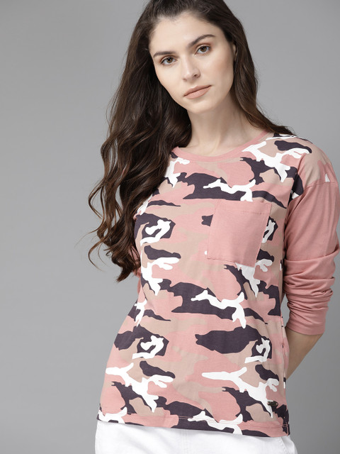 

Roadster Women Pink & Aubergine Camouflage Print Round Neck T-shirt