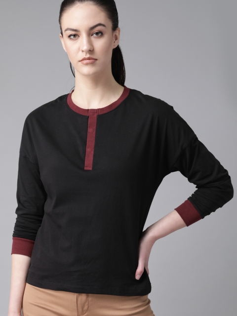 

Roadster Women Black Solid Henley Neck T-shirt