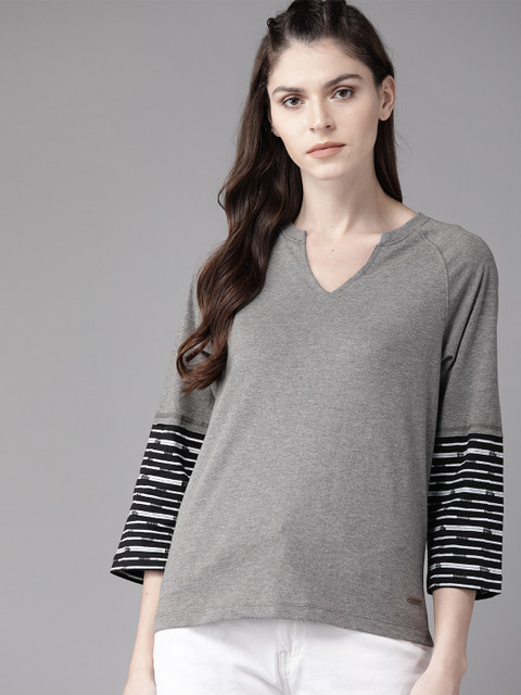 

Roadster Women Grey Melange Solid Round Neck T-shirt