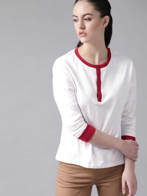 

Roadster Women White Solid Henley Neck T-shirt