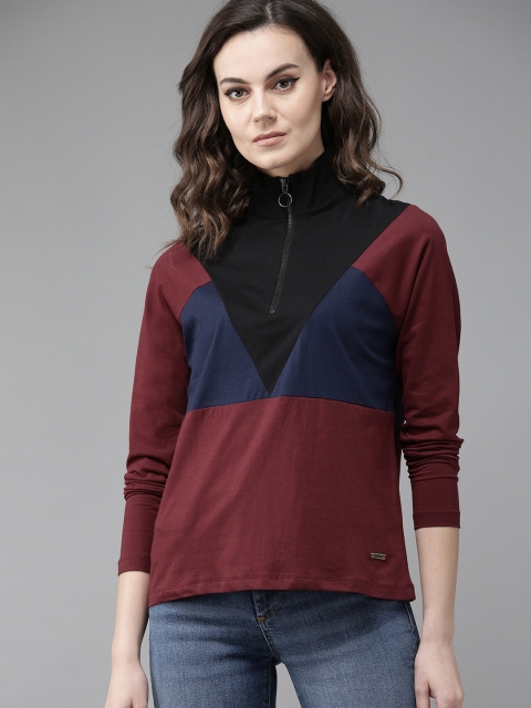 

Roadster Women Maroon & Black Colourblocked High Neck T-shirt