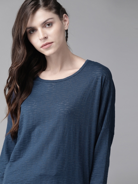 

Roadster Women Teal Blue Self Design Round Neck T-shirt