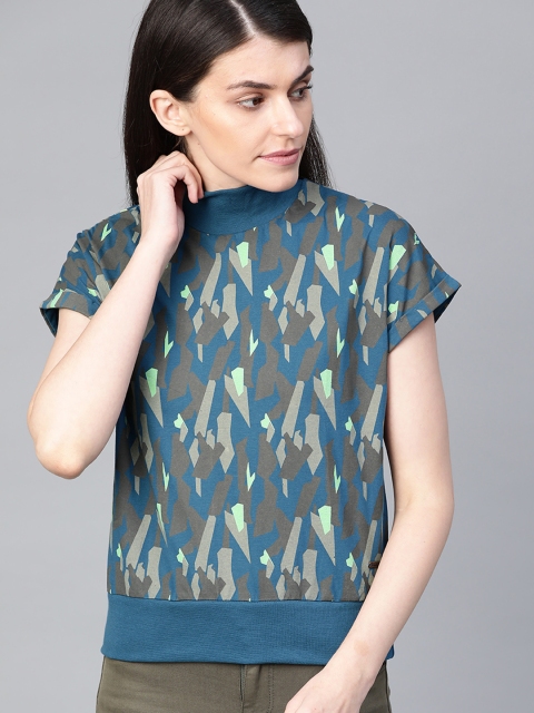 

Roadster Women Teal Blue & Grey Printed High Neck T-shirt