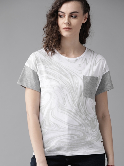 

Roadster Women White & Grey Melange Printed Round Neck T-shirt