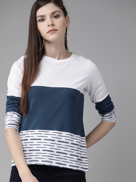 

Roadster Women White & Navy Blue Colourblocked Round Neck T-shirt