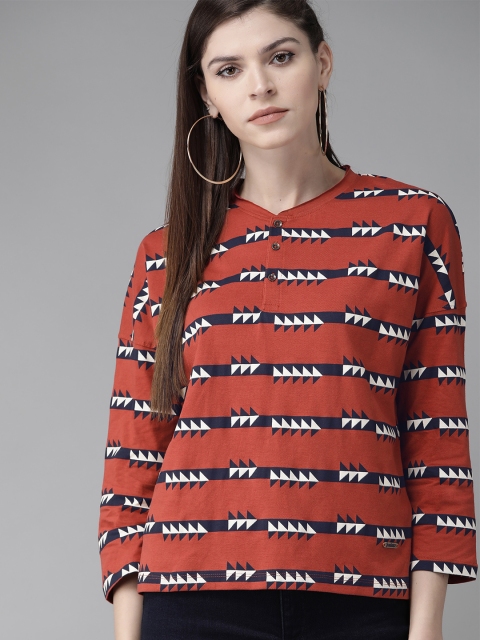 

Roadster Women Rust Red & Off-WhitePrinted Henley Neck T-shirt
