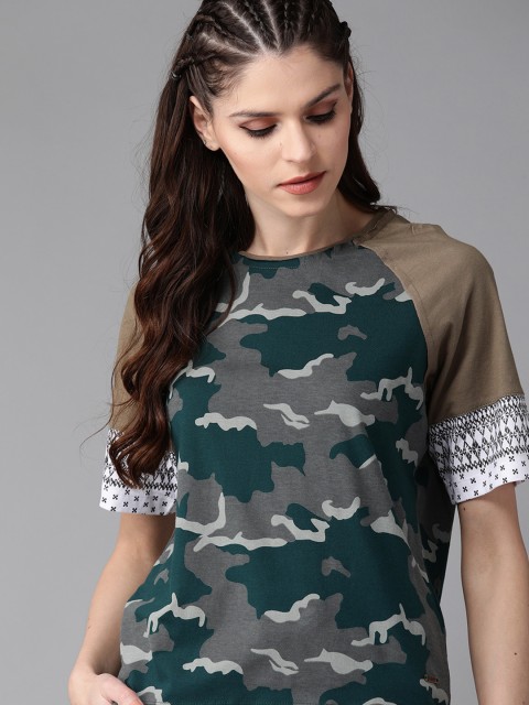 

Roadster Women Charcoal Grey & Green Printed Round Neck T-shirt