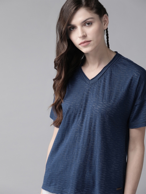 

Roadster Women Navy Blue Self Design V-Neck T-shirt