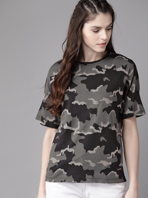 

Roadster Women Charcoal Grey & Black Camouflage Print Round Neck T-shirt