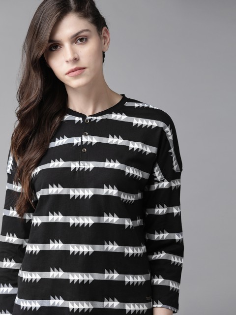 

Roadster Women Black & Grey Striped Mandarin Collar T-shirt