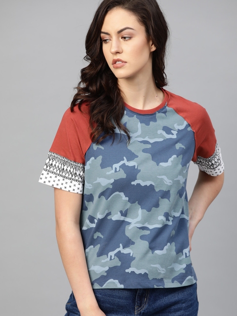 

Roadster Women Blue Camouflage Print Round Neck T-shirt