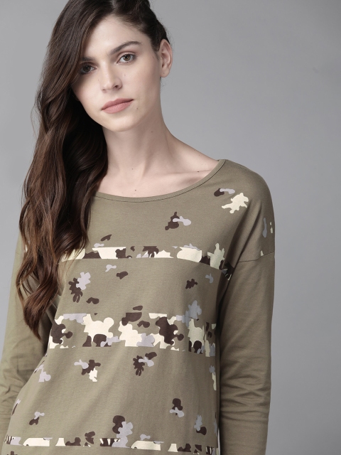 

Roadster Women Olive Green & Cream-Coloured Printed Round Neck T-shirt