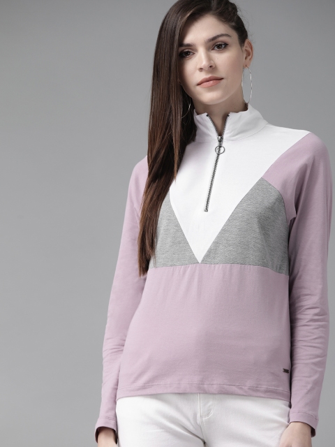 

Roadster Women Lavender & Grey Melange Colourblocked High Neck T-shirt
