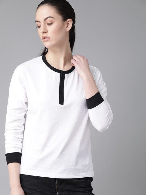 

Roadster Women White Solid Henley Neck T-shirt