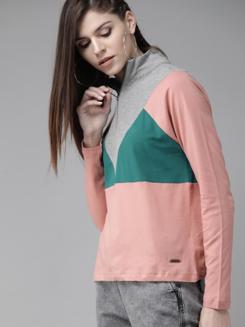 

Roadster Women Pink & Teal Green Colourblocked High Neck T-shirt