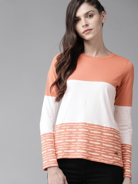 

Roadster Women Peach-Coloured & White Colourblocked Round Neck T-shirt