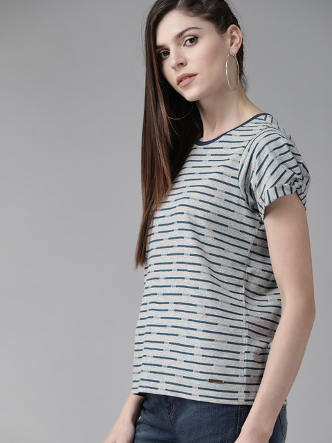 

Roadster Women Grey Melange & Teal Blue Striped Round Neck T-shirt