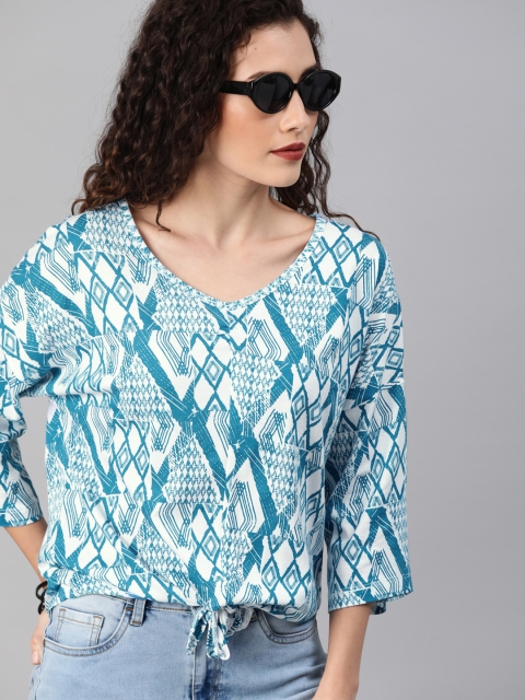 

Roadster Women Blue & White Printed Top With Tie-up Detail