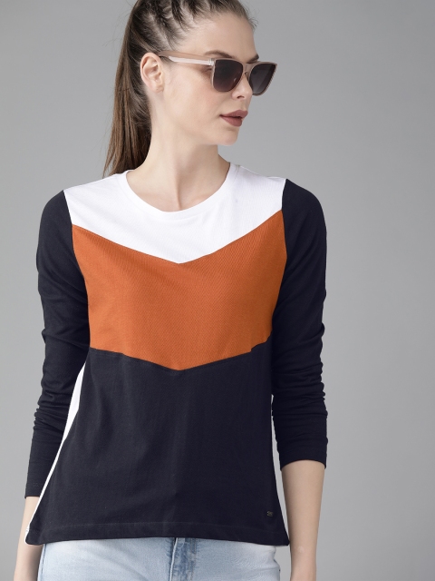 

Roadster Women White & Navy Blue Colourblocked Round Neck T-shirt