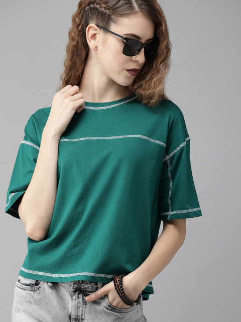 

The Roadster Lifestyle Co Women Green Solid Round Neck Pure Cotton T-shirt