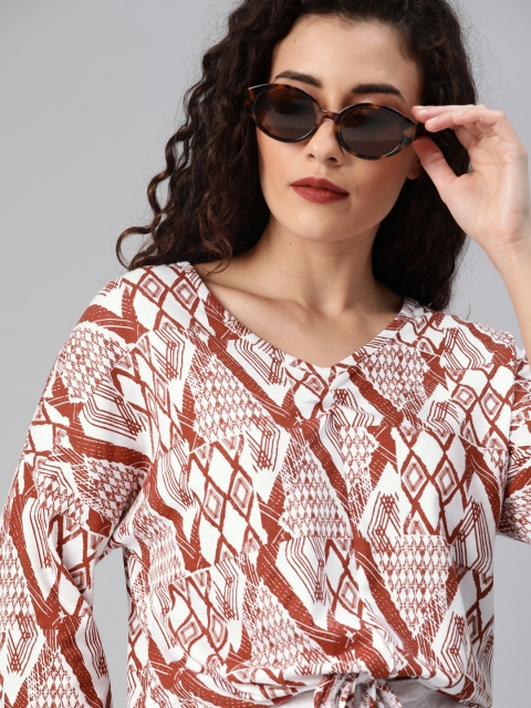 

Roadster Women Rust Brown & White Printed Top With Tie-up Detail