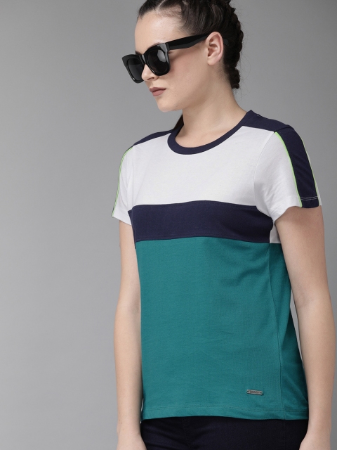 

The Roadster Lifestyle Co Women Teal Blue & White Regular Fit Colourblocked Round Neck T-shirt