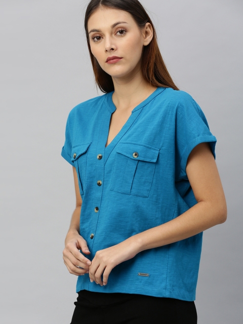 

Roadster Women Blue Solid Knitted Mock Button Shirt Style Top