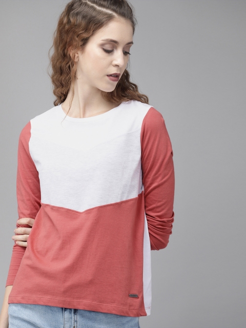 

Roadster Women Pink White Colourblocked Round Neck Pure Cotton T-shirt