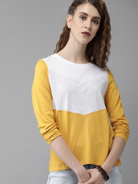 

Roadster Women Mustard Yellow & White Colourblocked Round Neck T-shirt