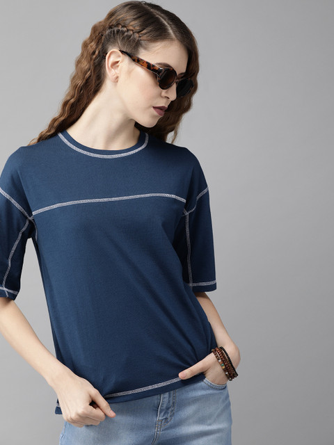 

The Roadster Lifestyle Co Women Blue Solid Round Neck Pure Cotton T-shirt