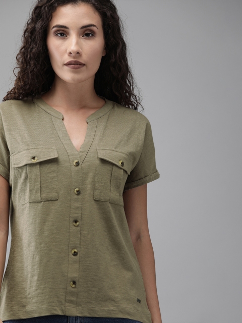 Women Olive Green Solid Top With Mock Button Placket