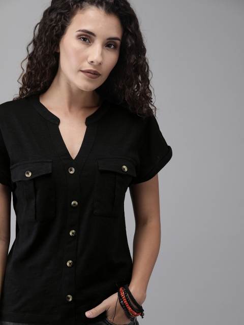 

Roadster Women Black Solid Top With Mock Button Placket