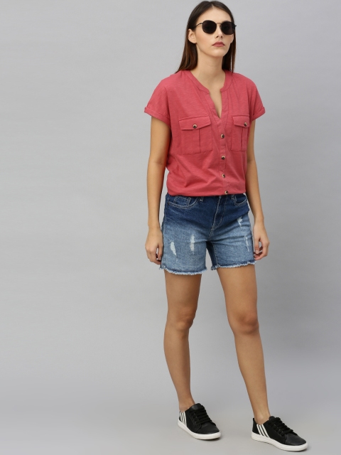 

Roadster Women Rust Red Solid Knitted Mock Button Pure Cotton Shirt Style Pure Cotton Top