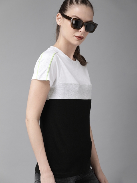 Women Black White Colourblocked Regular Fit Round Neck Pure Cotton T-shirt