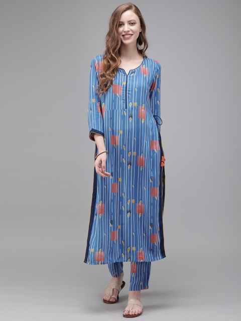 

Anouk Women Blue & White Striped Kurta with Trousers