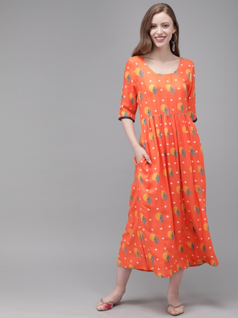 

Anouk Women Coral Orange & Blue Printed A-Line Midi Dress
