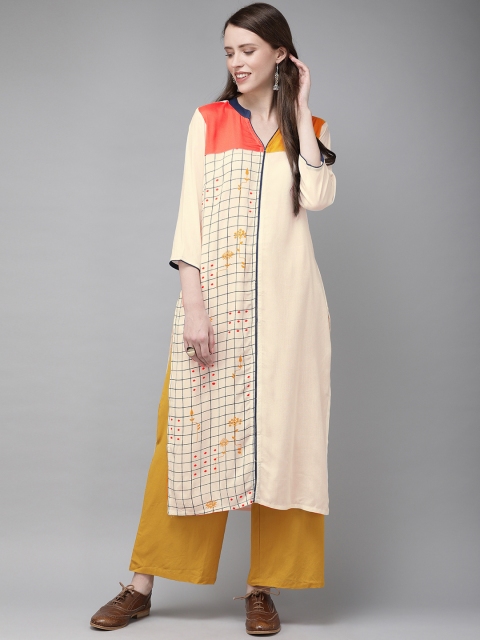 

Anouk Women Off-White & Navy Blue Printed Straight Kurta