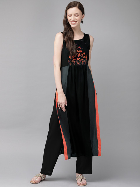 

Anouk Women Black & Orange Yoke Design Fusion A-Line Kurta