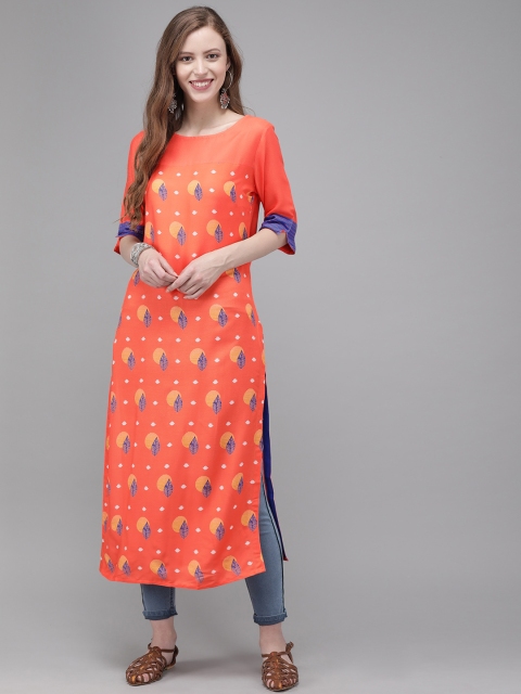 

Anouk Women Coral Orange Printed Straight Kurta