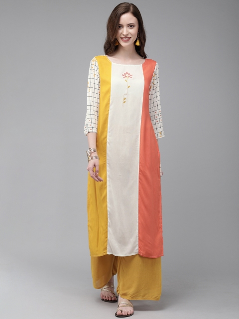 

Anouk Women White & Mustard Yellow Colourblocked Straight Kurta With Embroidered detail