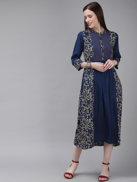 

Anouk Women Navy Blue & Yellow Printed A-Line Fusion Kurta