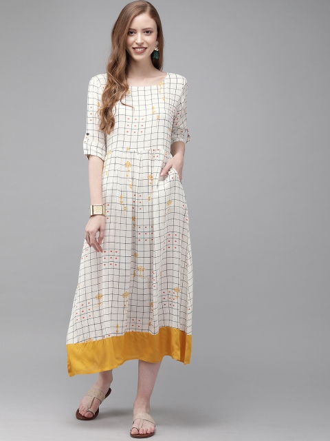 

Anouk Women White & Mustard Yellow Checked A-Line Dress