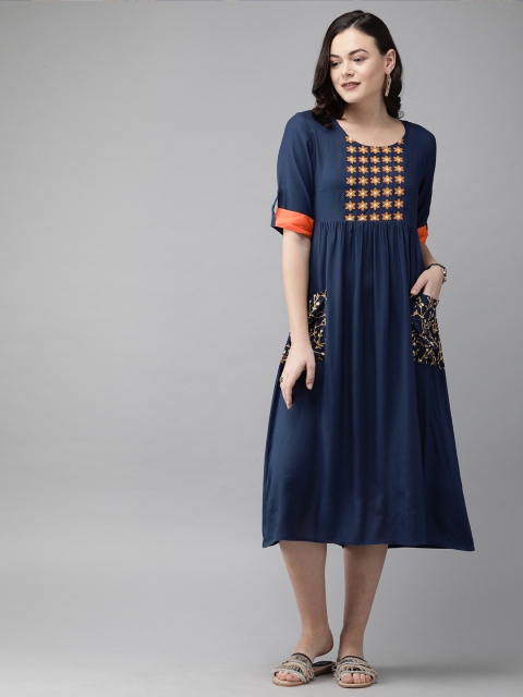 

Anouk Women Navy Blue Embroidered A-Line Dress