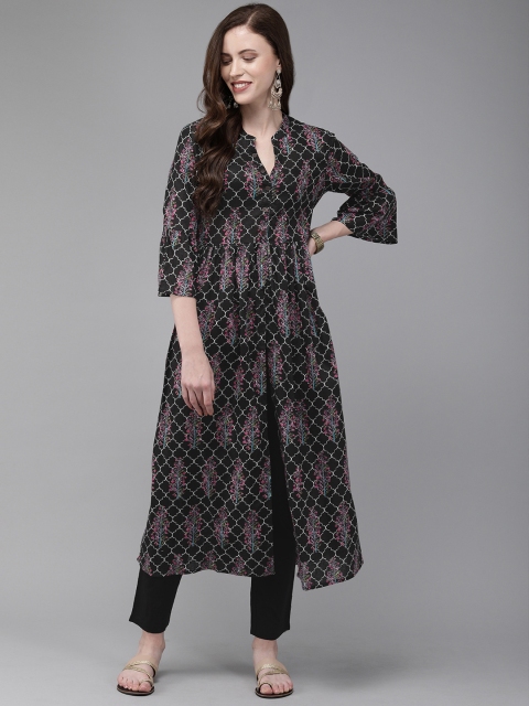 

Anouk Women Black & Pink Printed High Slit Fusion Kurta with Trousers